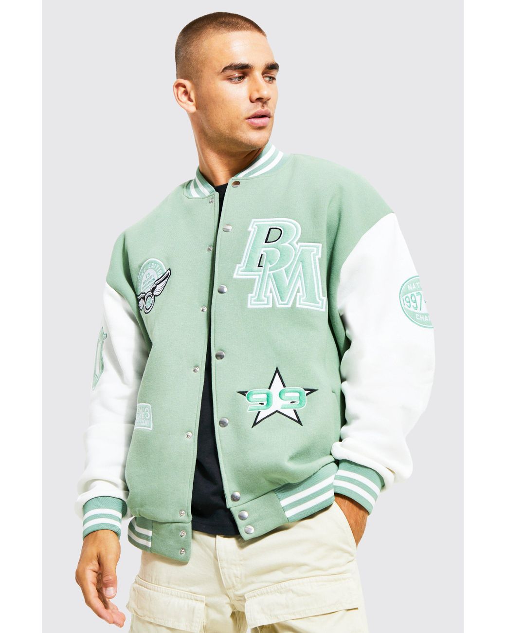 BoohooMAN Members Club Applique Varsity Jacket in Green for Men Lyst