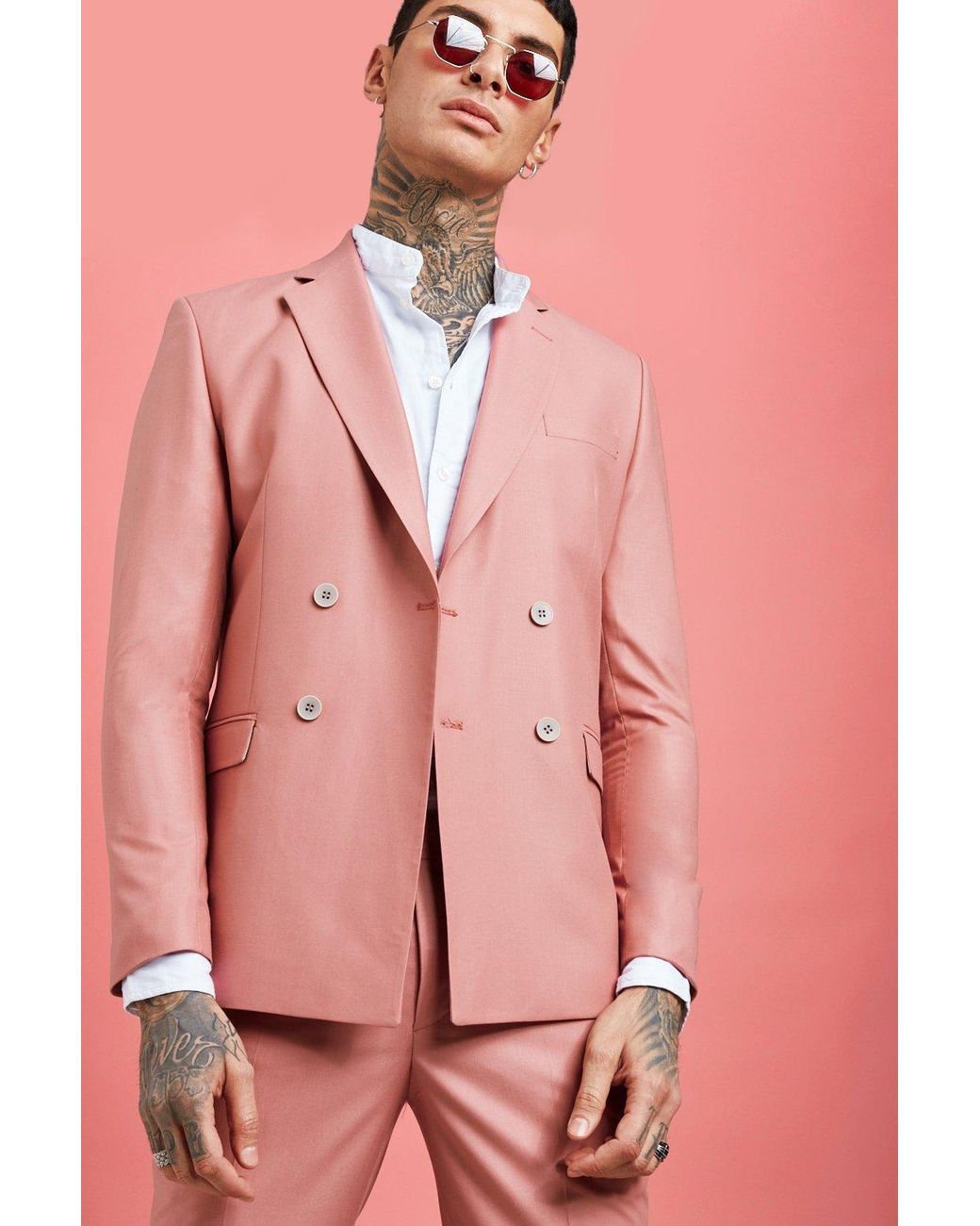 Boohoo Double Breasted Skinny Wrap Suit Jacket in Pink Womens Mens Clothing Mens Jackets Blazers 