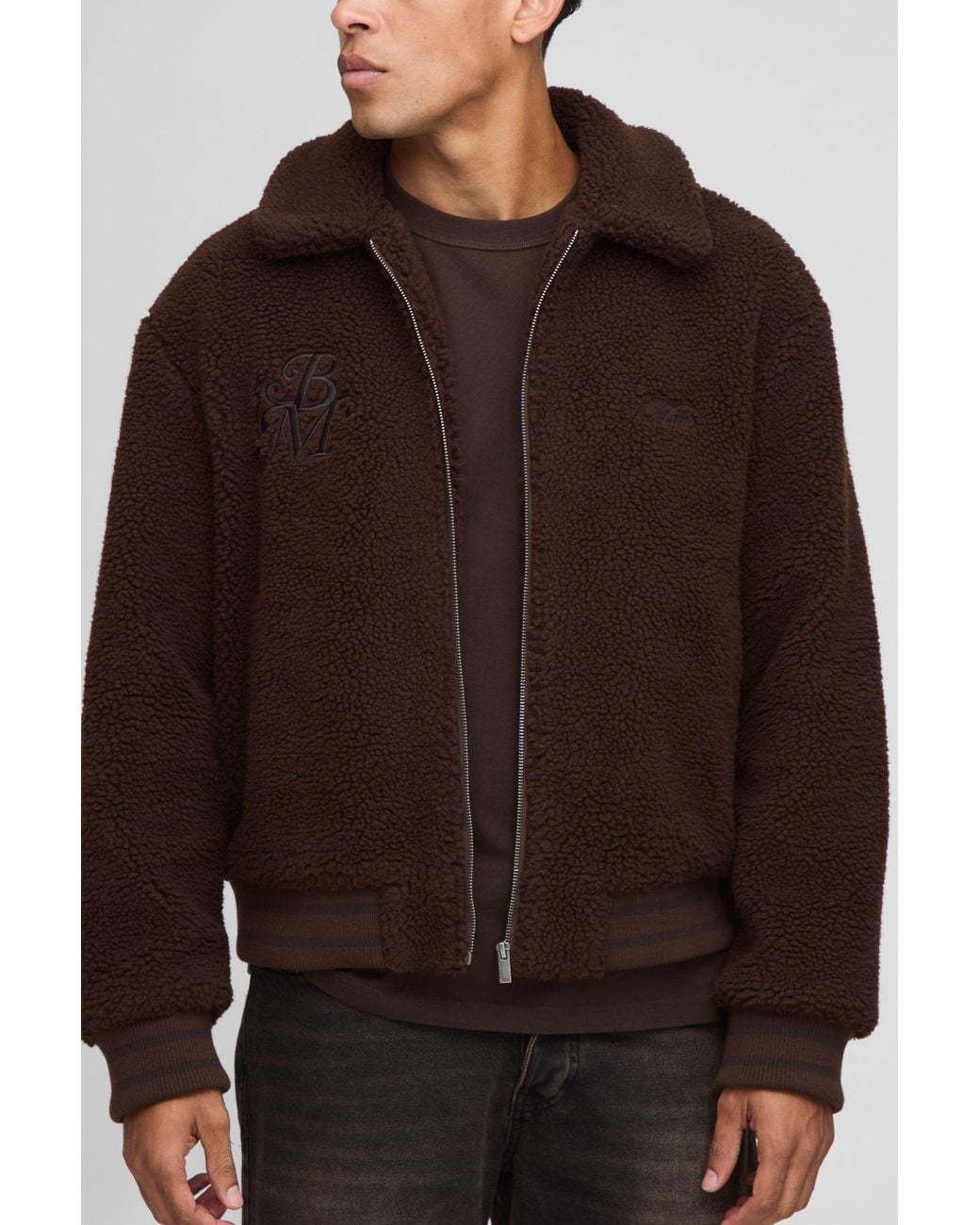 BoohooMAN Brown Regular Fit Borg Collared Bomber Jacket for men