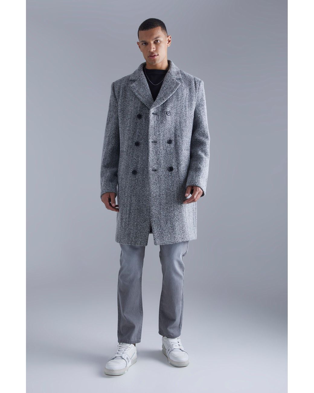 Boohooman wool blend double breasted 2025 overcoat in grey