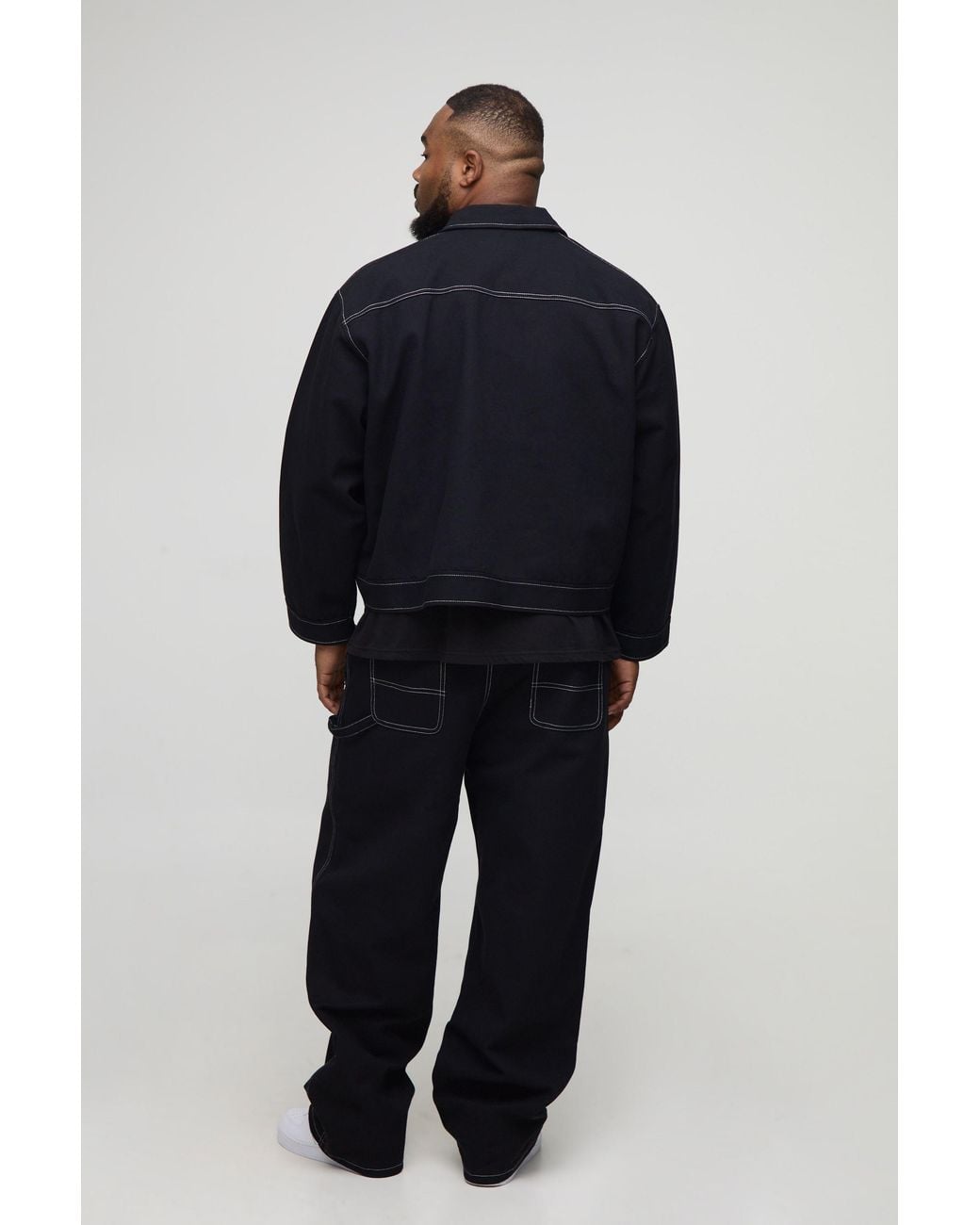 BoohooMAN Black Plus Oversized Boxy Canvas Carpenter Panel Worker Jacket for men