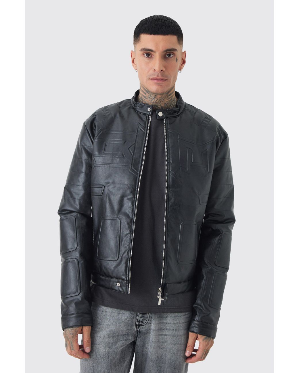BoohooMAN Tall Boxy Bhm Pu Collarless Moto Biker Jacket In Black in Grey for Men Lyst UK