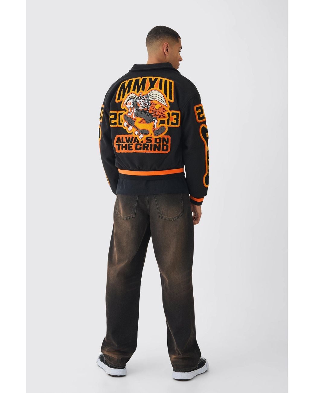 BoohooMAN Blue Boxy Badge Collared Varsity Jacket for men