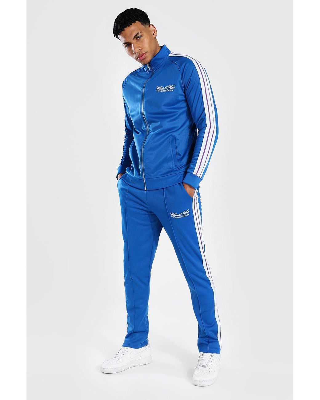 BoohooMAN Synthetic Man Funnel Neck Tricot Tape Tracksuit in Blue for ...