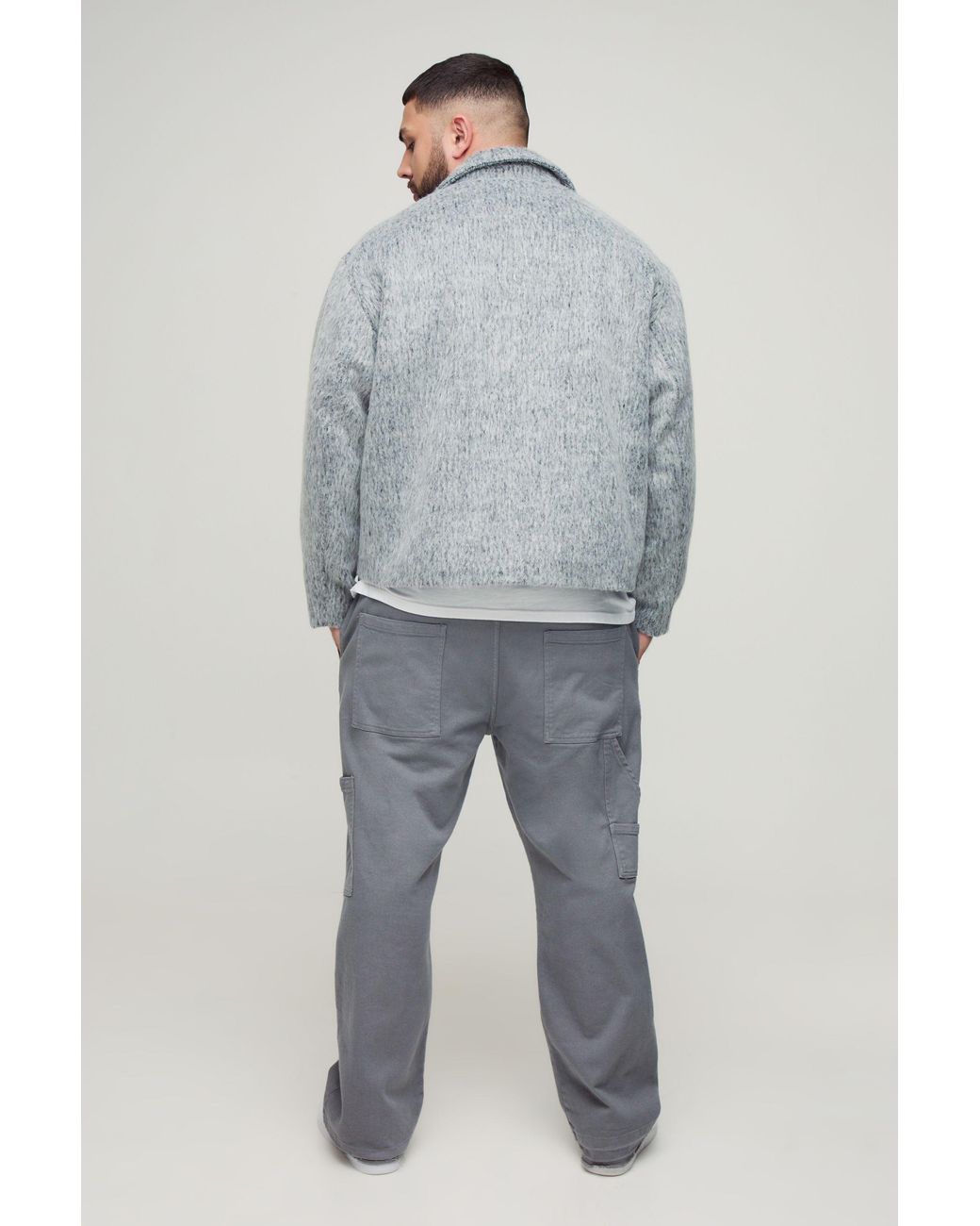 BoohooMAN Gray Plus Wool Blend Smart Zip Up Regular Fit Cargo Jacket for men