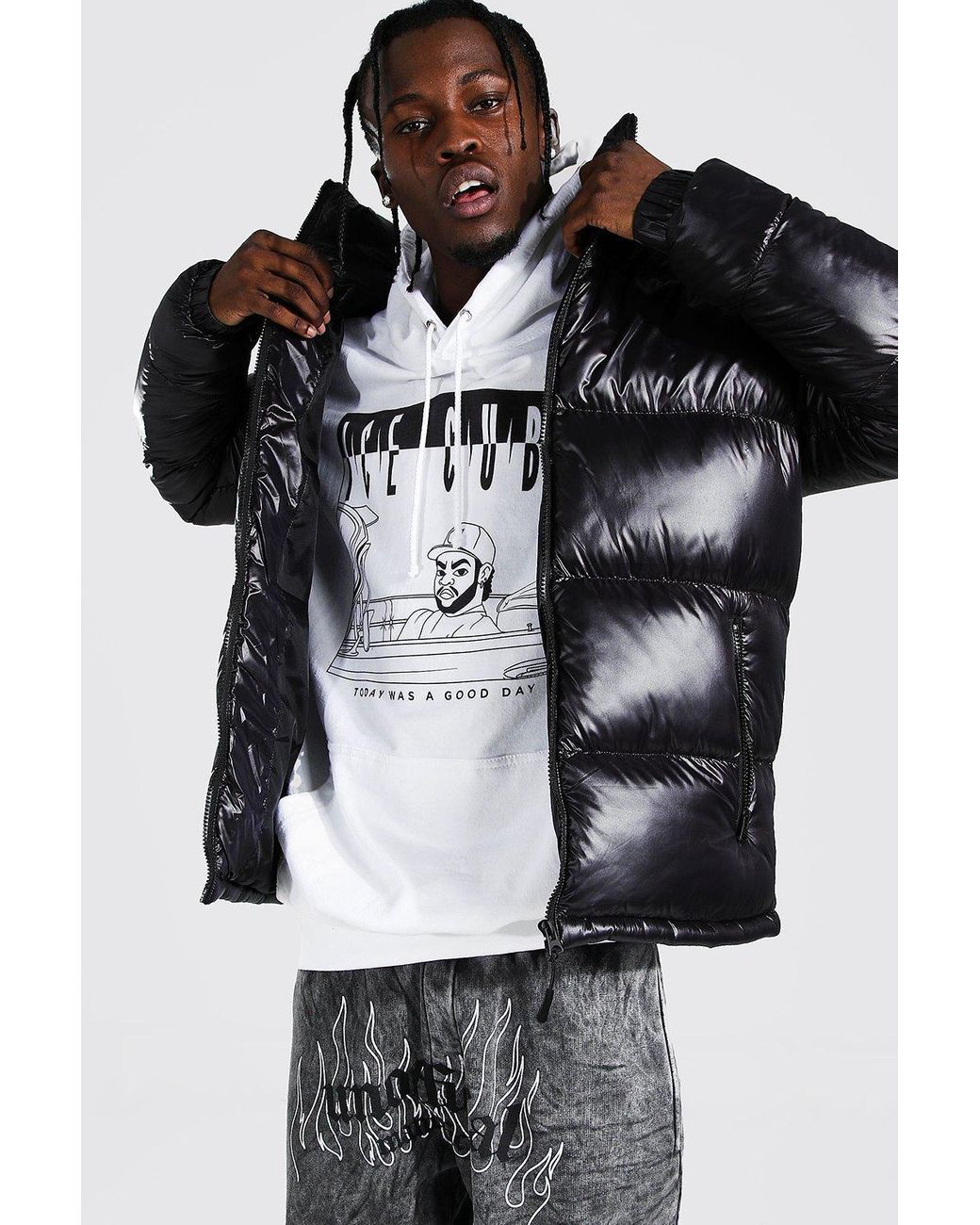boohoo 再入荷！ハイシャイン パネル パファー ジャケット 黒 Longline Hooded High Shine Puffer Jacket | boohoo