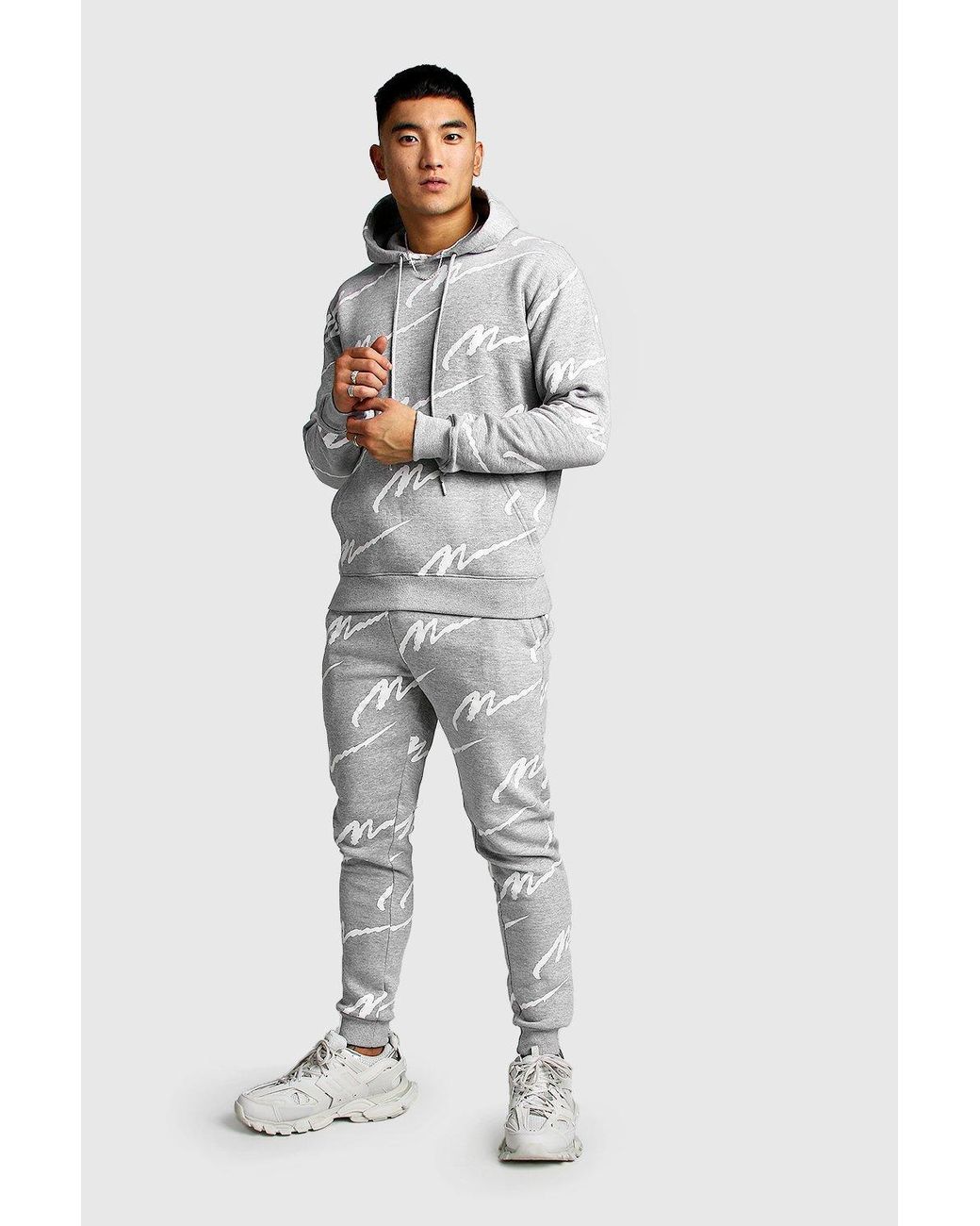 BoohooMAN Cotton All Over Man Printed Hooded Tracksuit in Grey (Gray ...