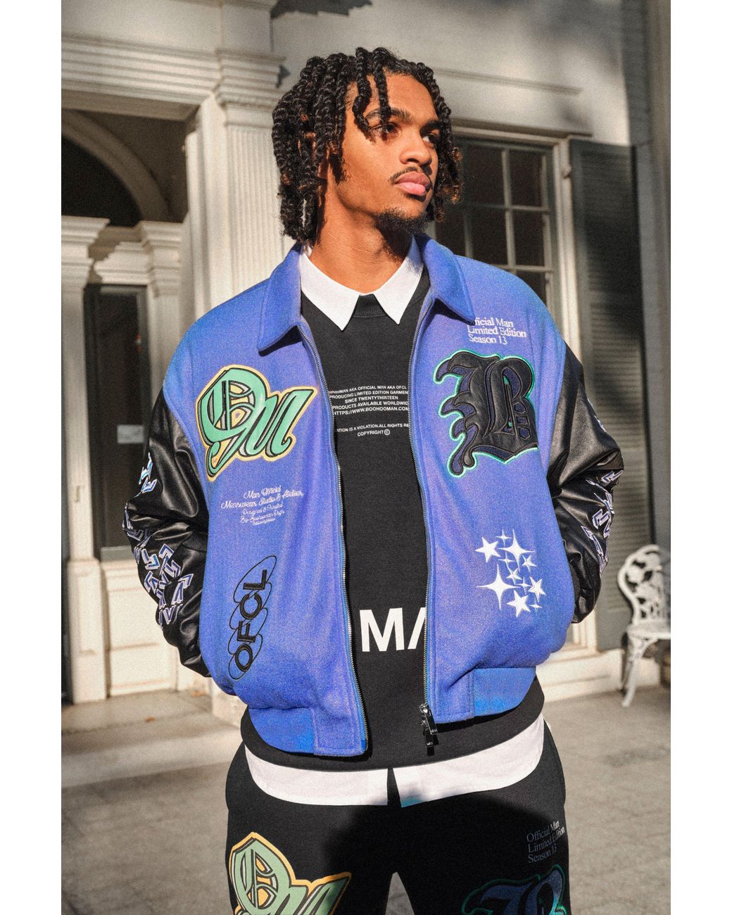 BoohooMAN Boxy Pu And Melton Collared Varsity Jacket in Blue for