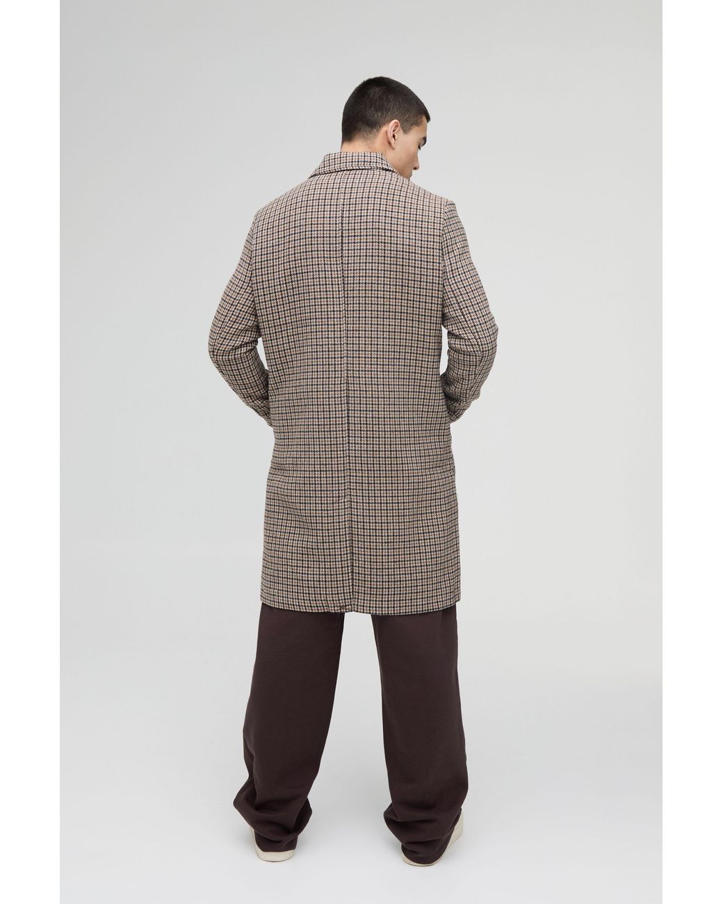 BoohooMAN Brown Plaid Collared Overcoat for men