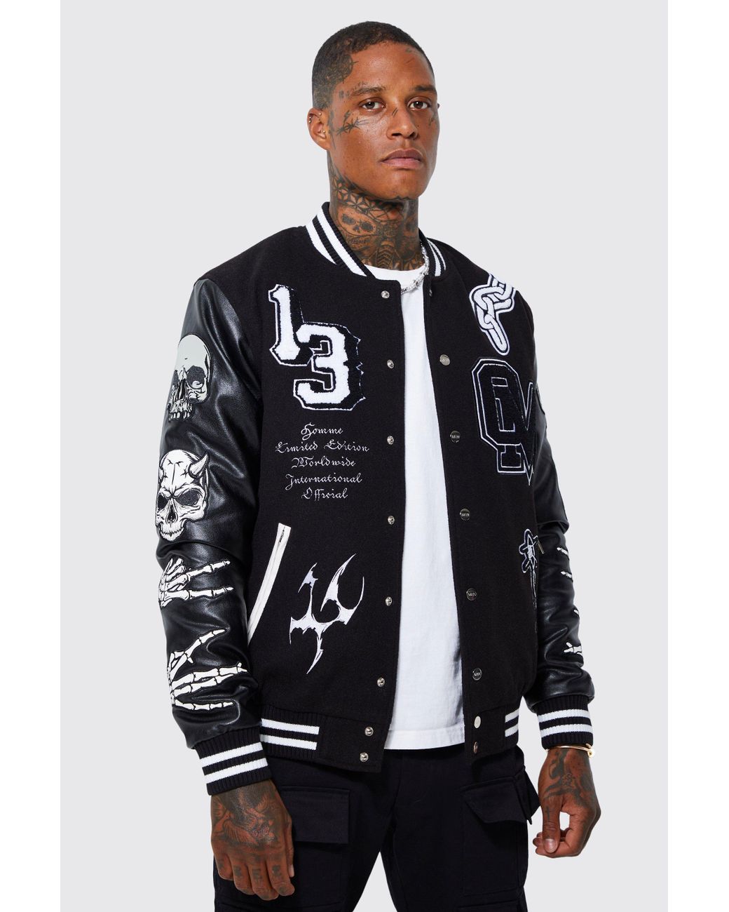 BoohooMAN Limited Edition Skull Varsity Jacket in Blue for Men | Lyst