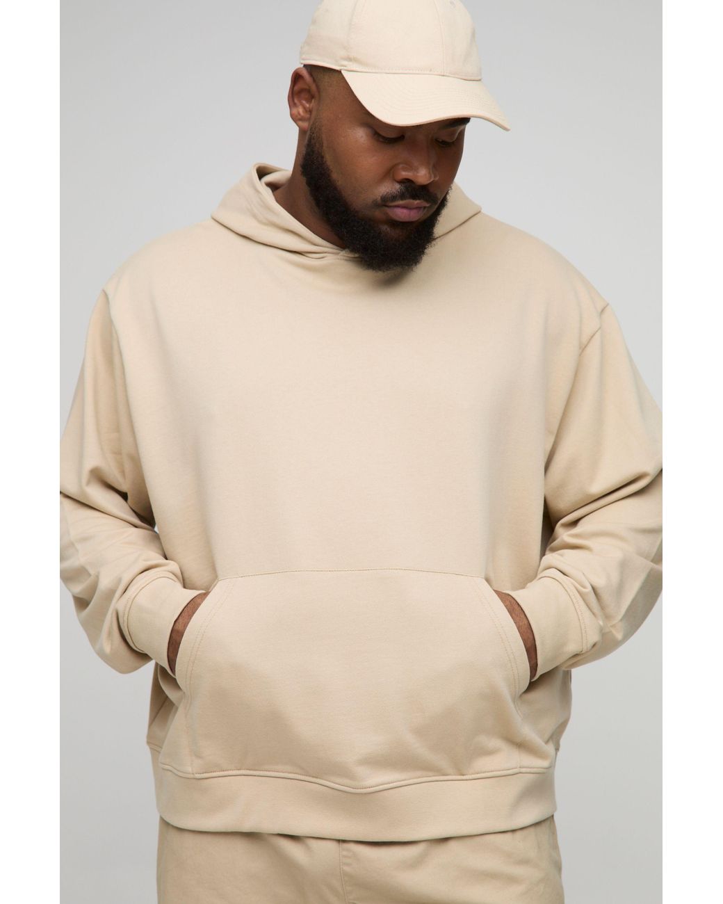 BoohooMAN Plus kastiger Oversize Basic Hoodie in Natural für Herren