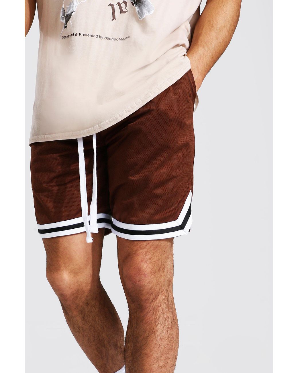 BoohooMAN Mesh Basketball Shorts With Tape in Brown for Men | Lyst UK