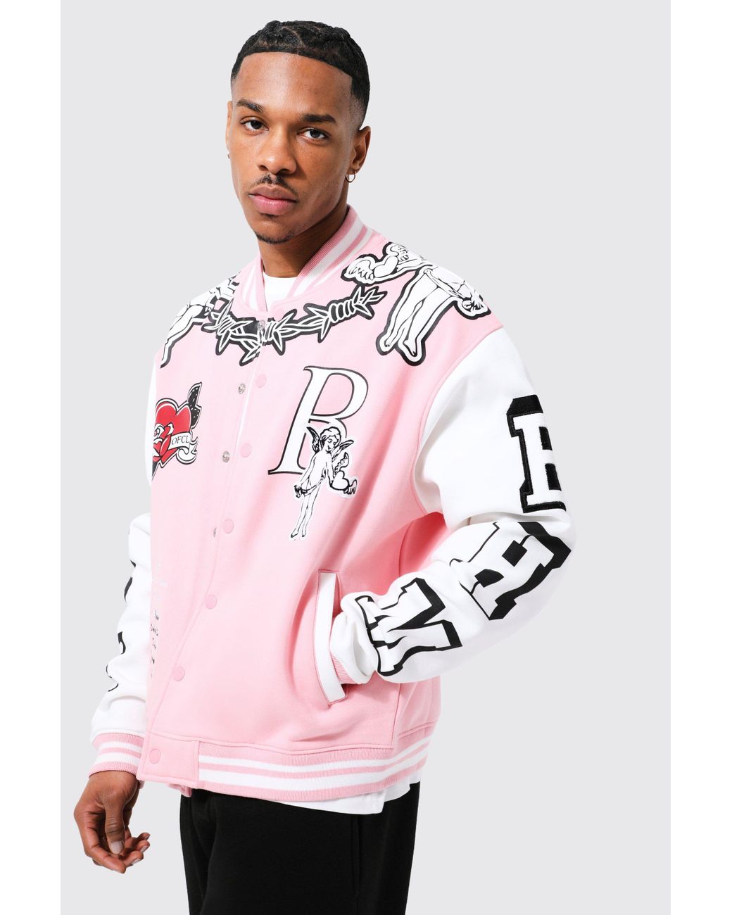 BoohooMAN Oversized Limited Jersey Varsity Jacket in Pink for Men Lyst UK