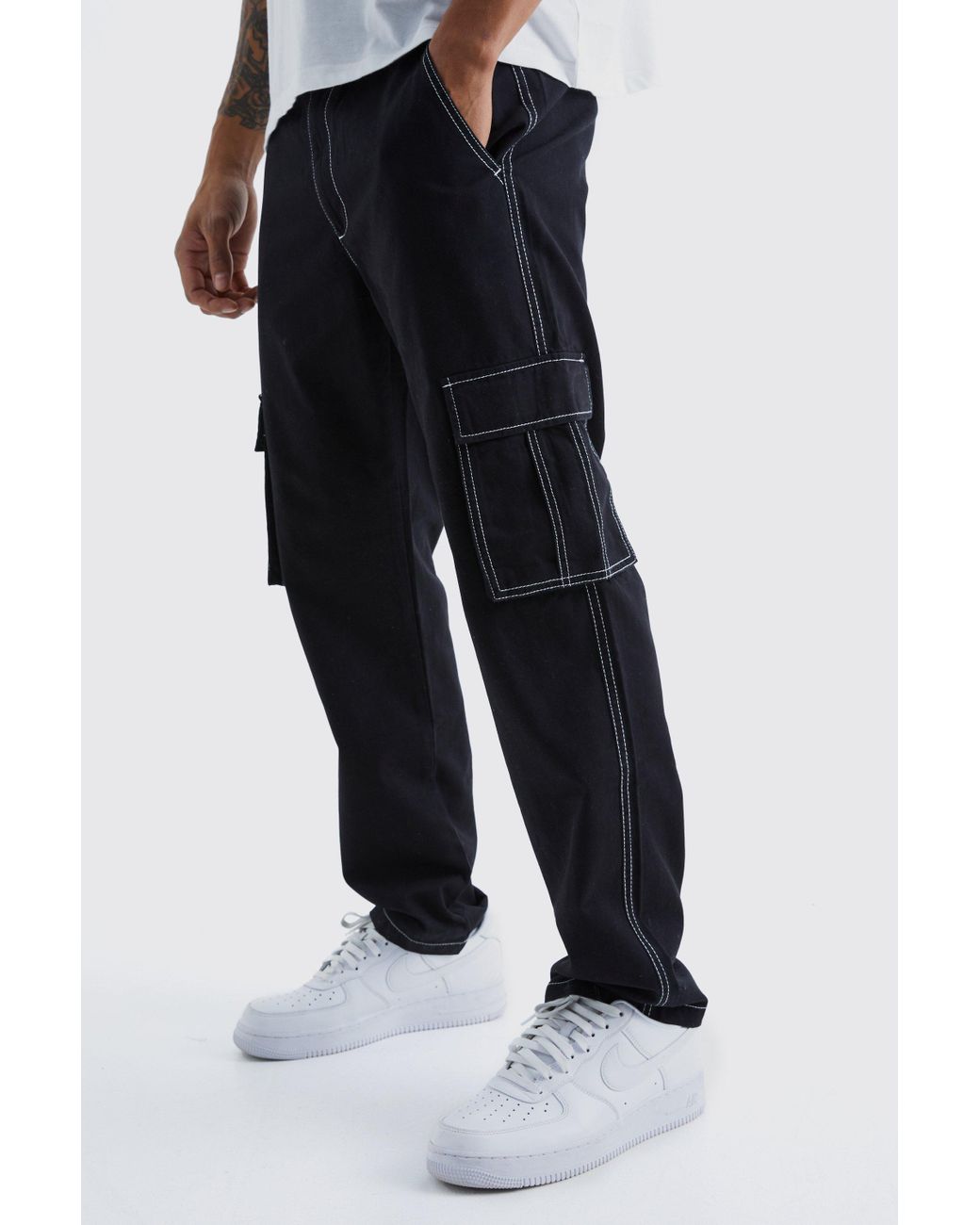 Boohoo Fixed Waist Contrast Stitch Cargo Pants in Black