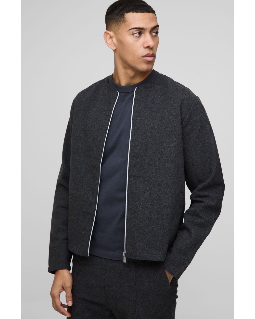 BoohooMAN Blue Brushed Zip Through Collarless Jacket for men