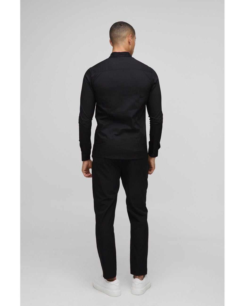 BoohooMAN Black Stretch Fit Basic Long Sleeve Collared Shirt for men