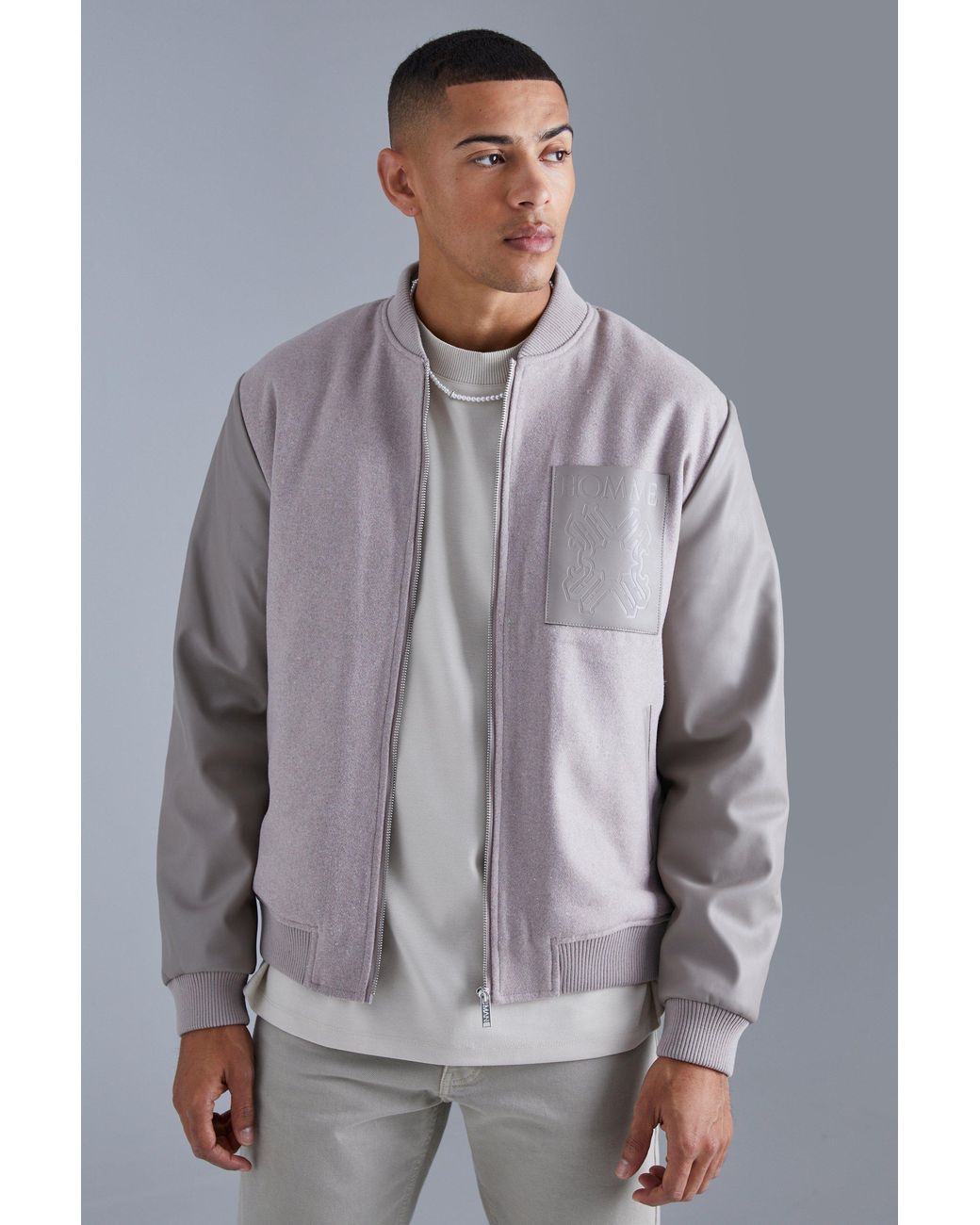 BoohooMAN Gray Regular Fit Melton & Pu Patch Bomber Jacket for men
