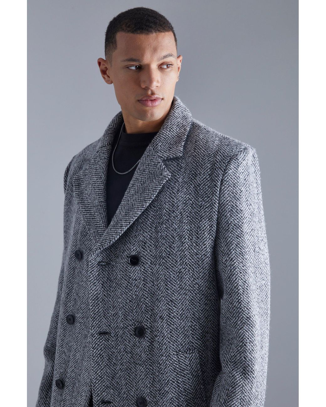 Boohooman wool blend double outlet breasted overcoat in grey