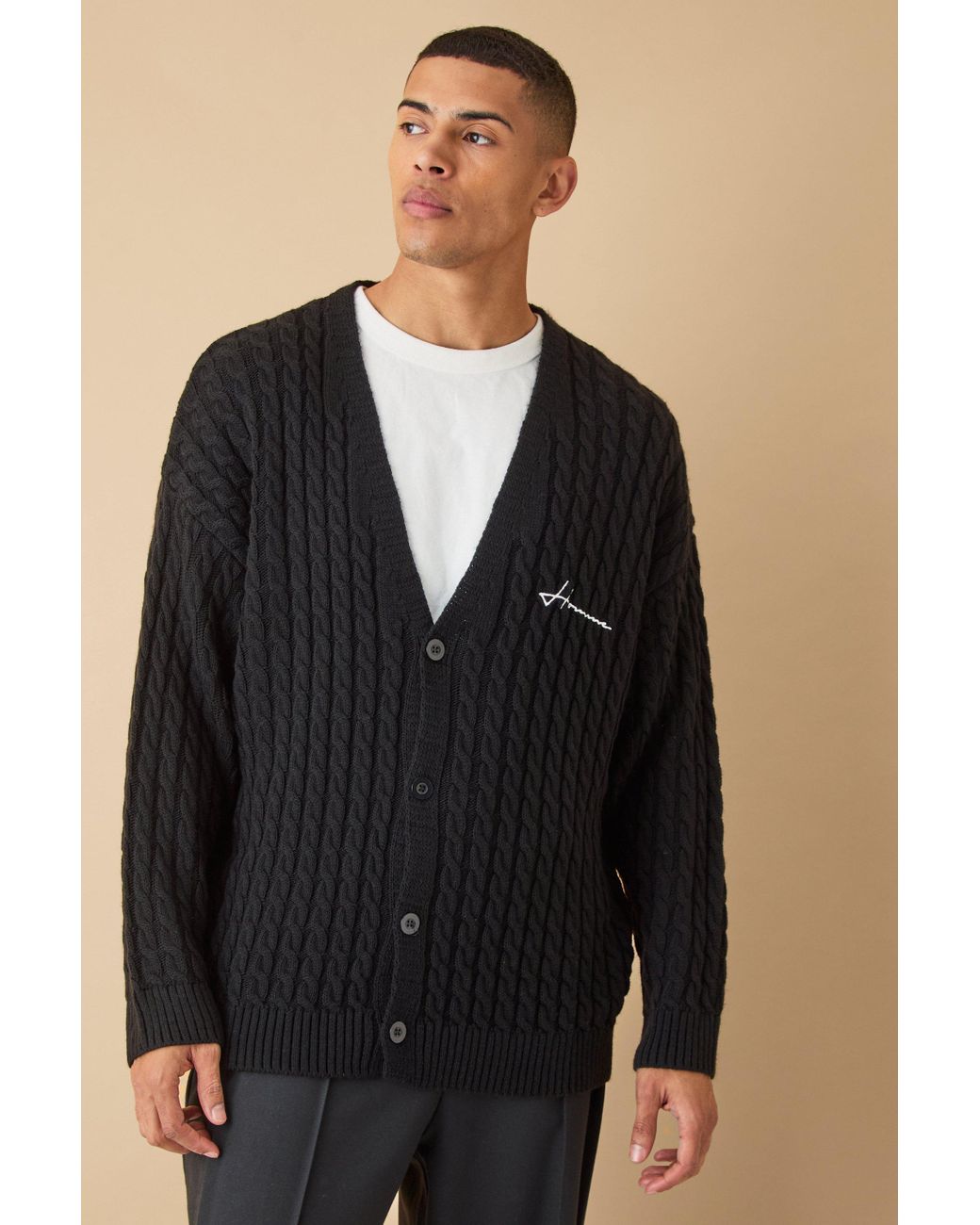 BoohooMAN Oversized Homme Cable Knitted Cardigan in Black for Men