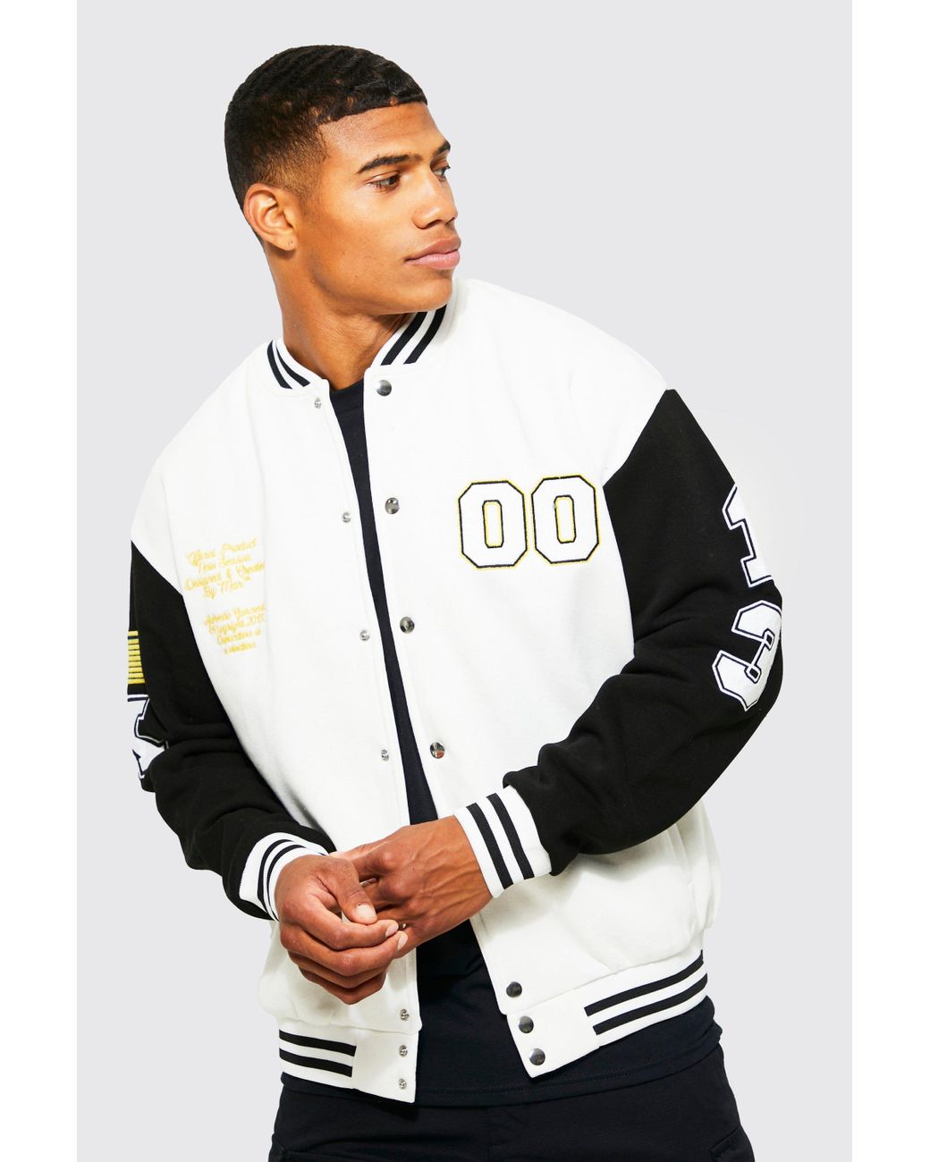 BoohooMAN Jersey Varsity Bomber Jacket With Badges in White for Men Lyst
