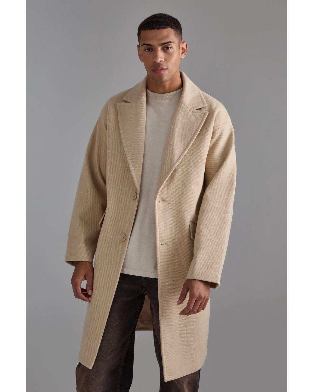BoohooMAN Single Breasted Overcoat in Natural for Men Lyst UK