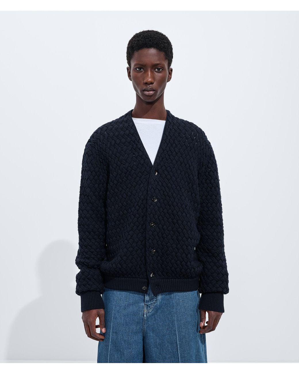 Bottega Veneta Blue Intrecciato Wool Cardigan for men
