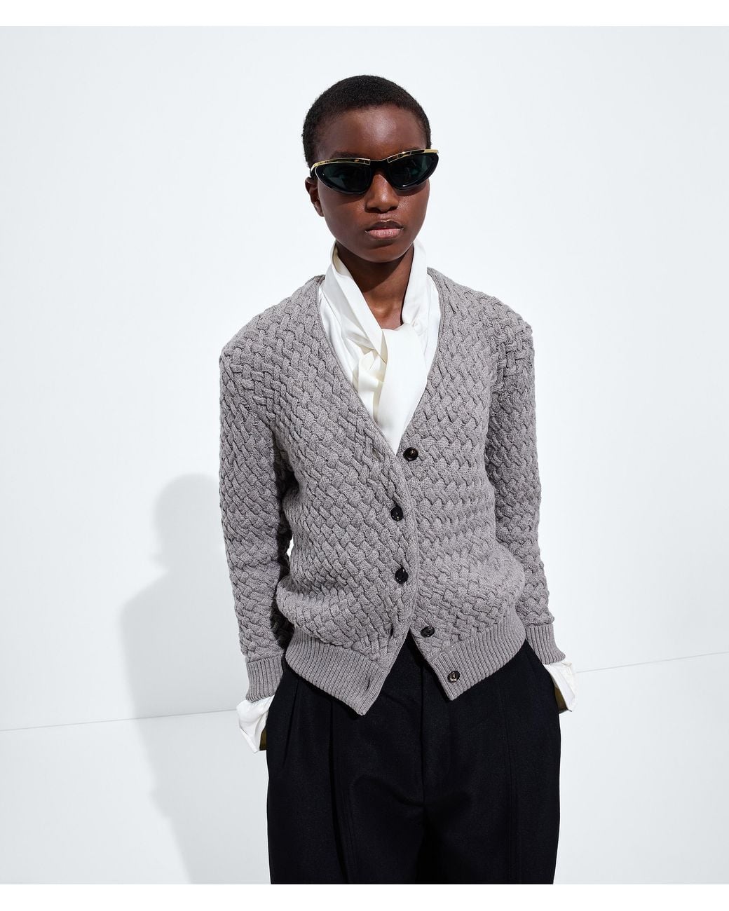Bottega Veneta Gray Intrecciato Wool Cardigan