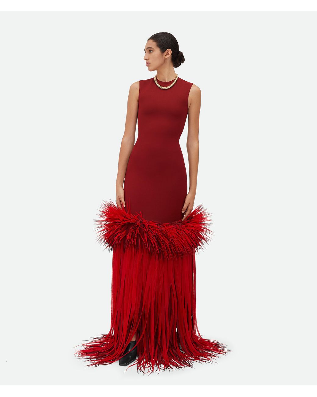 ワンピース BOTTEGAVENETA RED SILK DRESS Bottega Veneta Shiny Viscose Fringe Knit Dress in Scarlet | FWRD