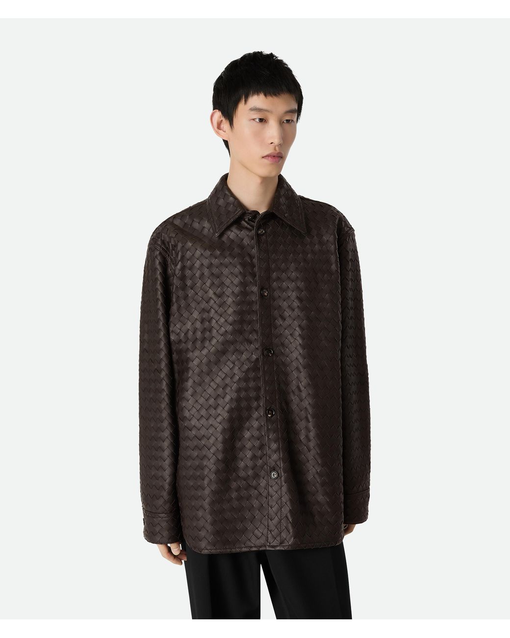 Bottega Veneta Black Intrecciato Leather Shirt for men