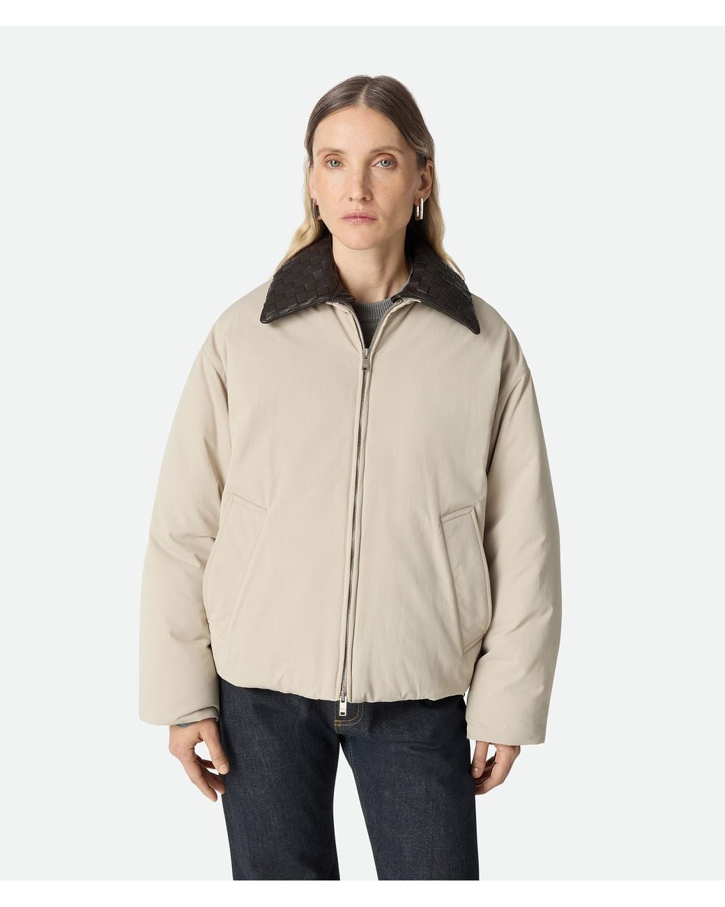 Bottega Veneta Natural Tech Long Sleeve Double Zip Short Puffer Jacket