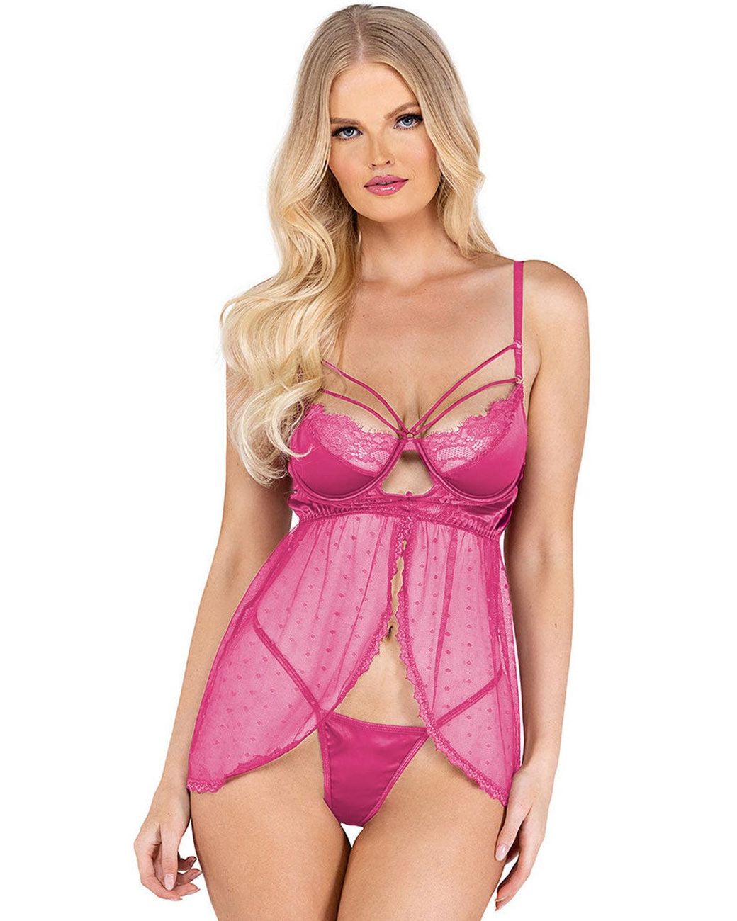 Briar Thorn V Neck Adjustable Straps Lace Splicing Babydoll With Thong in Pink Womens Clothing Lingerie Lingerie and panty sets 
