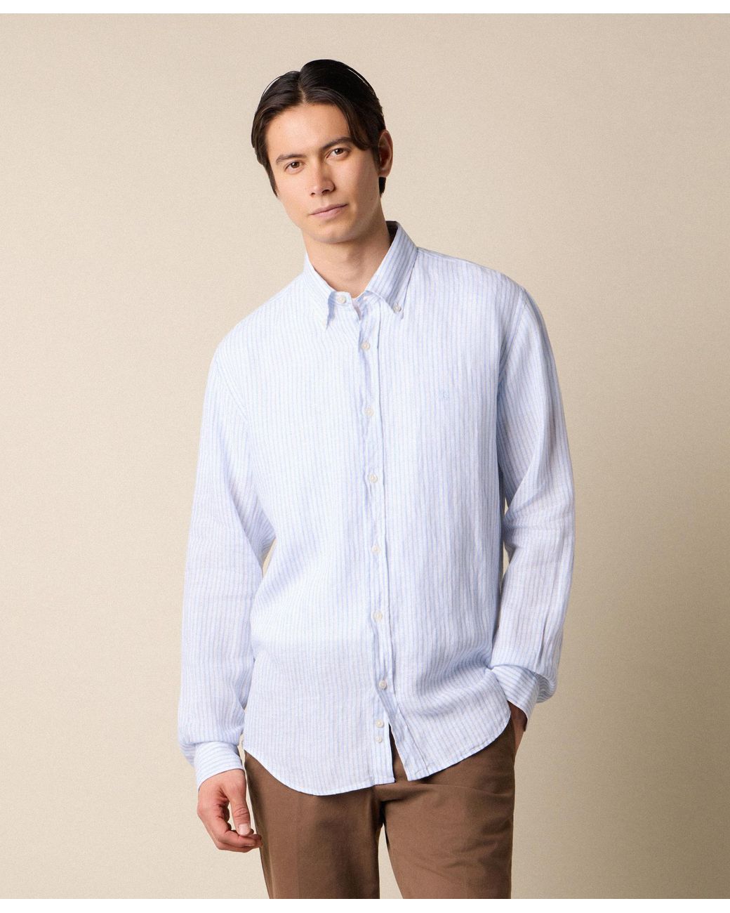 Brooks Brothers Blue Regular Fit Linen Shirt With Button Down Collar for men