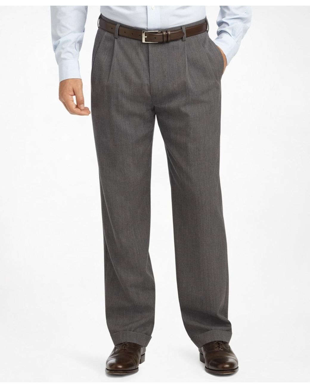 Brooks Brothers Wool Madison Fit Pleat-front Classic Gabardine Trousers in Light Grey (Gray) for
