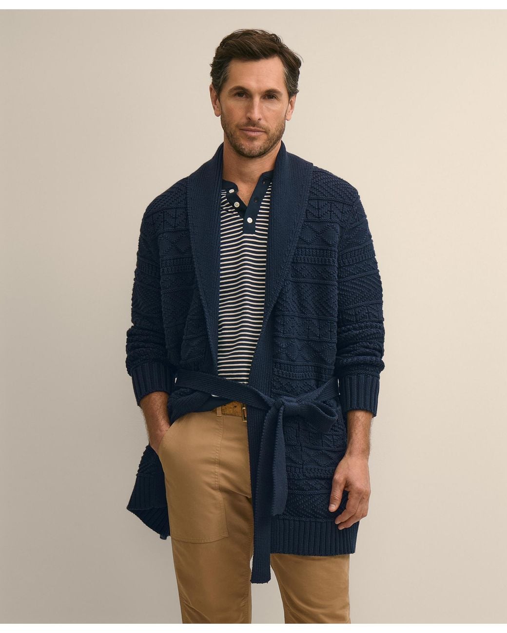 Brooks Brothers Blue Textured Wrap Shawl Cardigan for men
