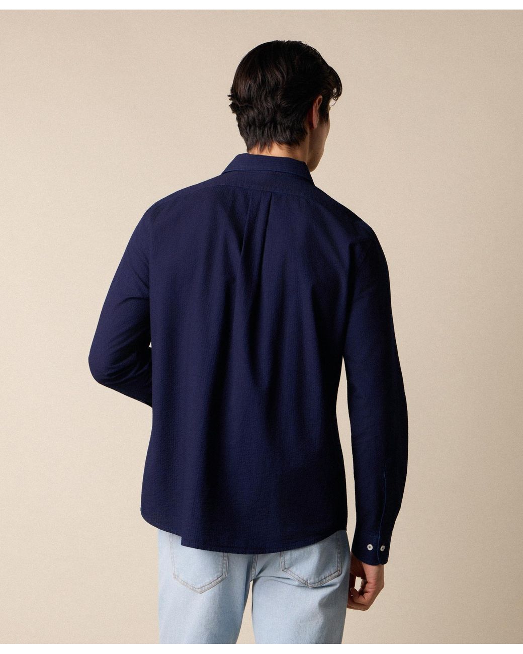 Brooks Brothers Blue Slim Fit Seersucker Shirt With Open Collar for men