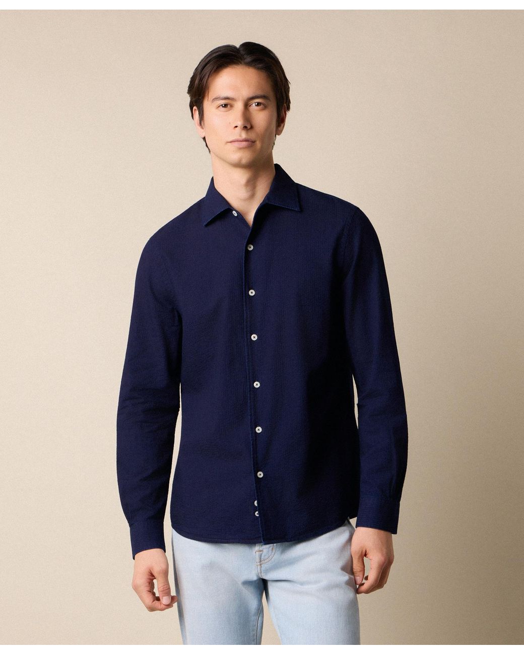 Brooks Brothers Blue Slim Fit Seersucker Shirt With Open Collar for men