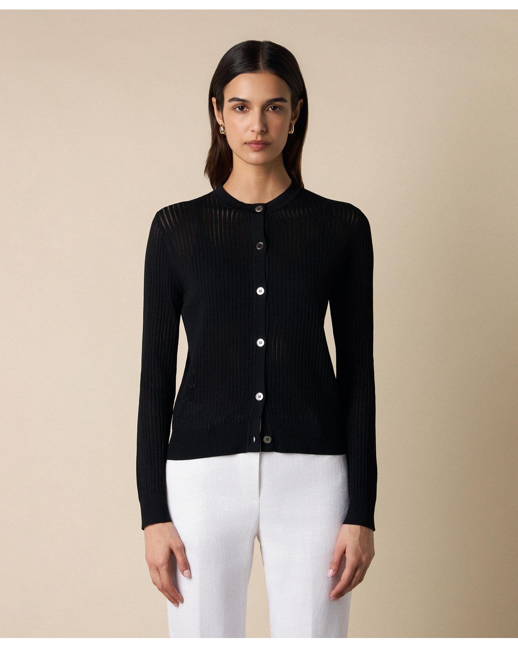 Brooks Brothers Black Pointelle Viscose Crewneck Cardigan