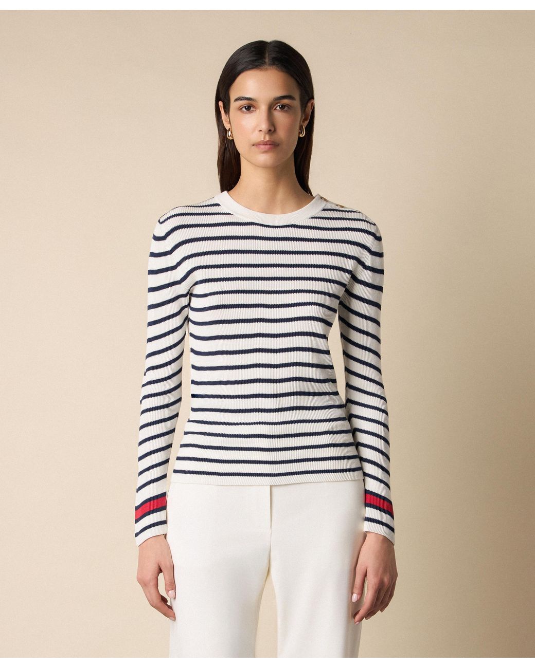 Brooks Brothers White Striped Crewneck Sweater With Logo Buttons