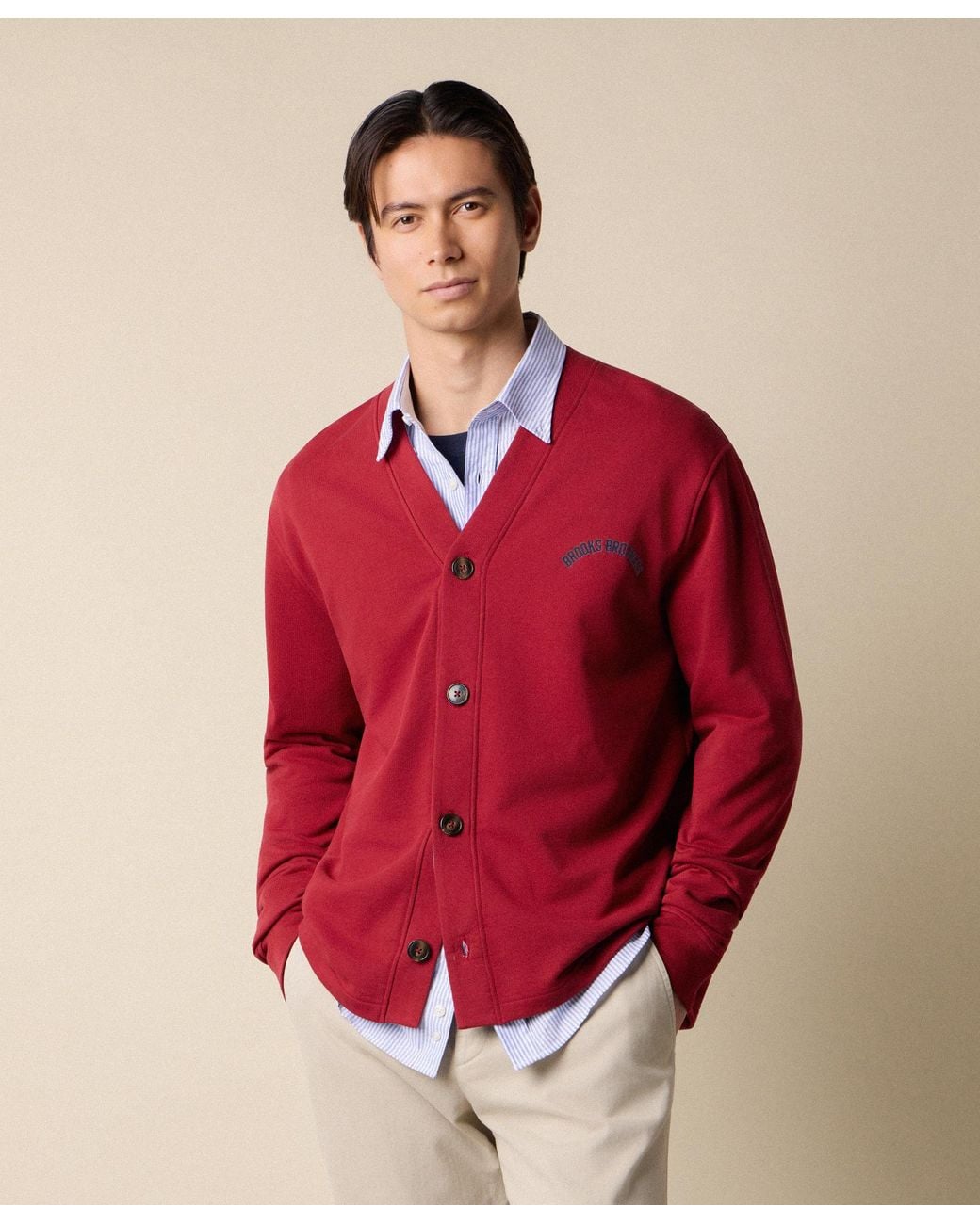 Brooks Brothers Red V-Neck Cotton Cardigan With Logo Print for men