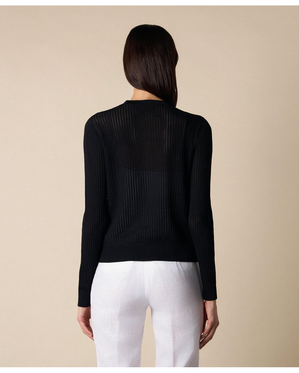 Brooks Brothers Black Pointelle Viscose Crewneck Cardigan