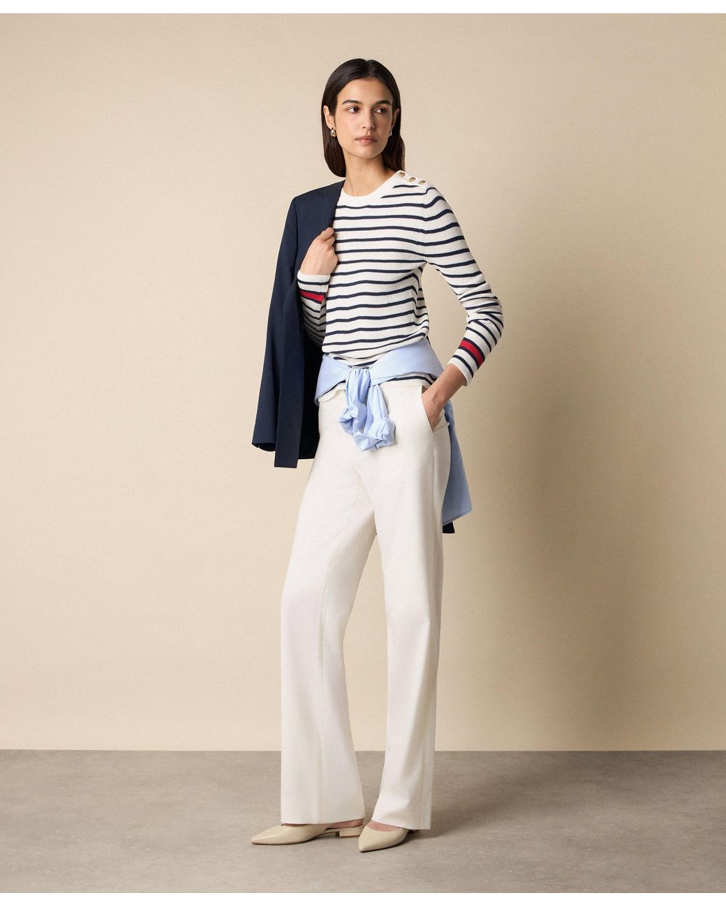 Brooks Brothers White Striped Crewneck Sweater With Logo Buttons