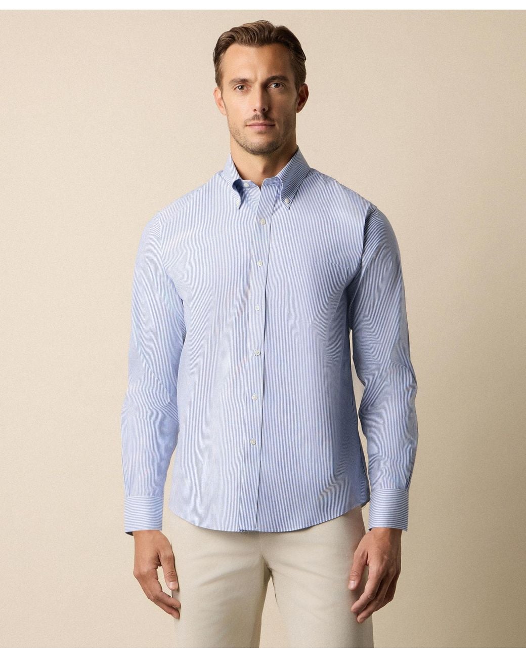 Brooks Brothers Blue Regular Fit Non-Iron Oxford Pinpoint Stretch Supima Shirt With Button Down Collar for men