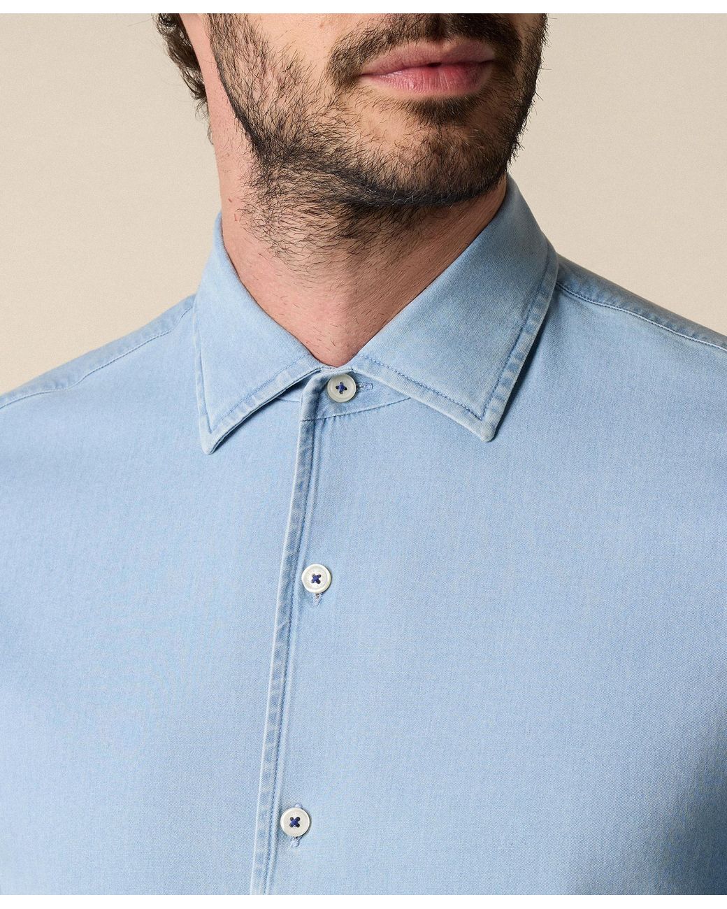 Brooks Brothers Blue Slim Fit Denim Tencel Blend Shirt With Open Collar for men