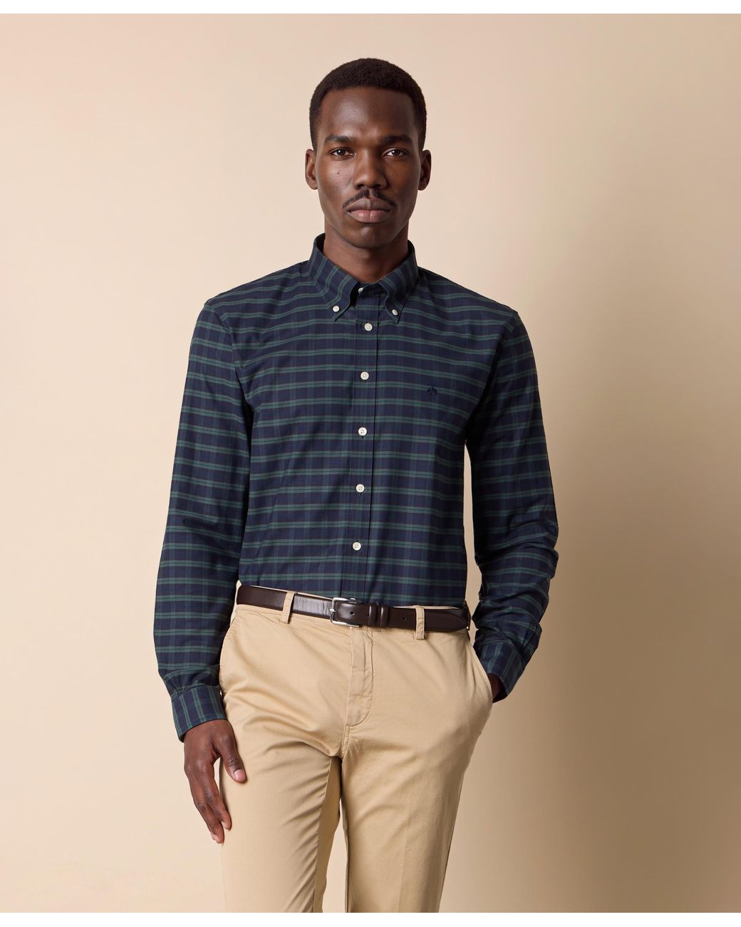 Brooks Brothers Blue Slim Fit Non-Iron Plaid Stretch Oxford Shirt With Button Down Collar for men