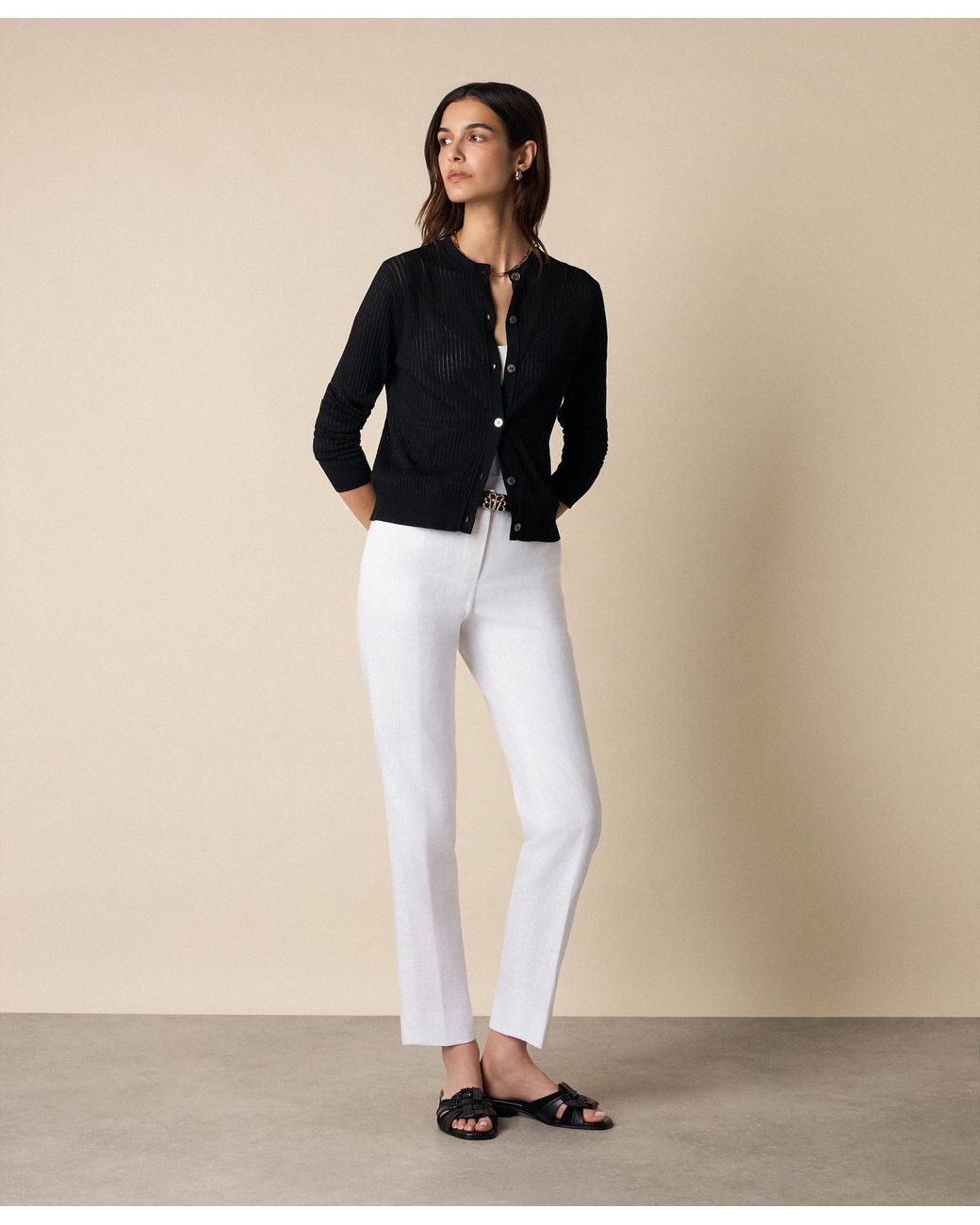 Brooks Brothers Black Pointelle Viscose Crewneck Cardigan