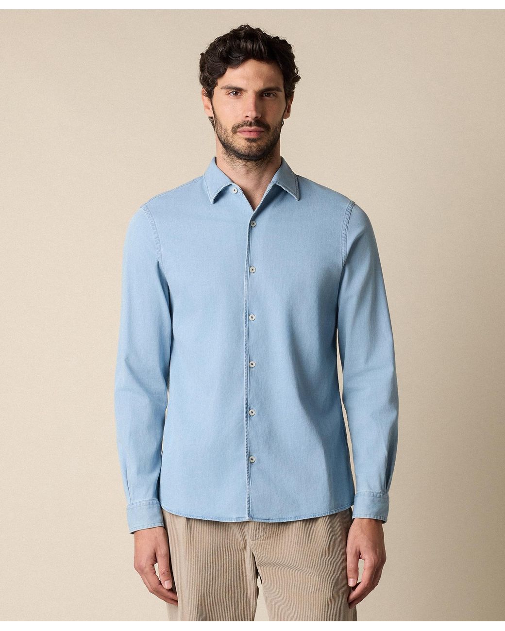 Brooks Brothers Blue Slim Fit Denim Tencel Blend Shirt With Open Collar for men