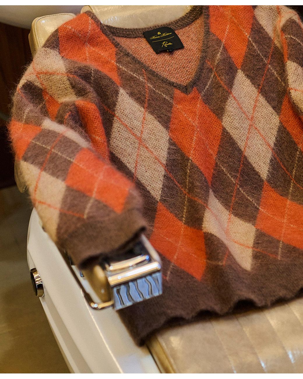 Brooks Brothers Brown Mohair Argyle V-Neck Knit for men