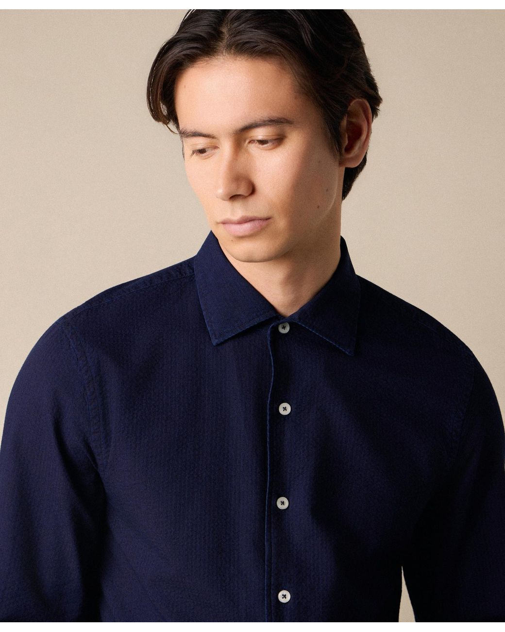 Brooks Brothers Blue Slim Fit Seersucker Shirt With Open Collar for men