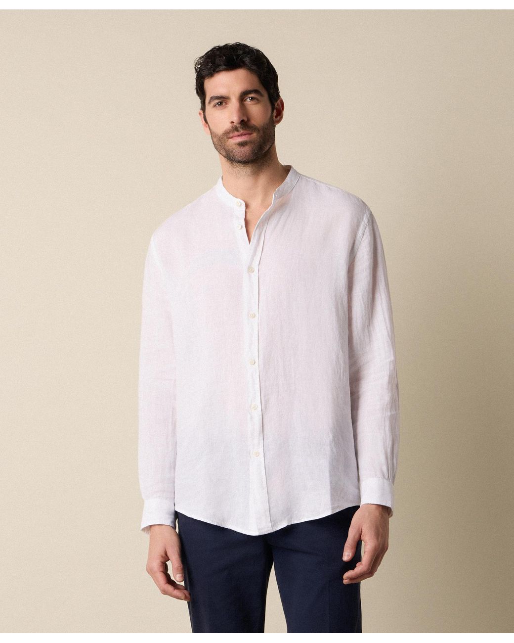 Brooks Brothers White Regular Fit Linen Shirt With Stand Collar for men