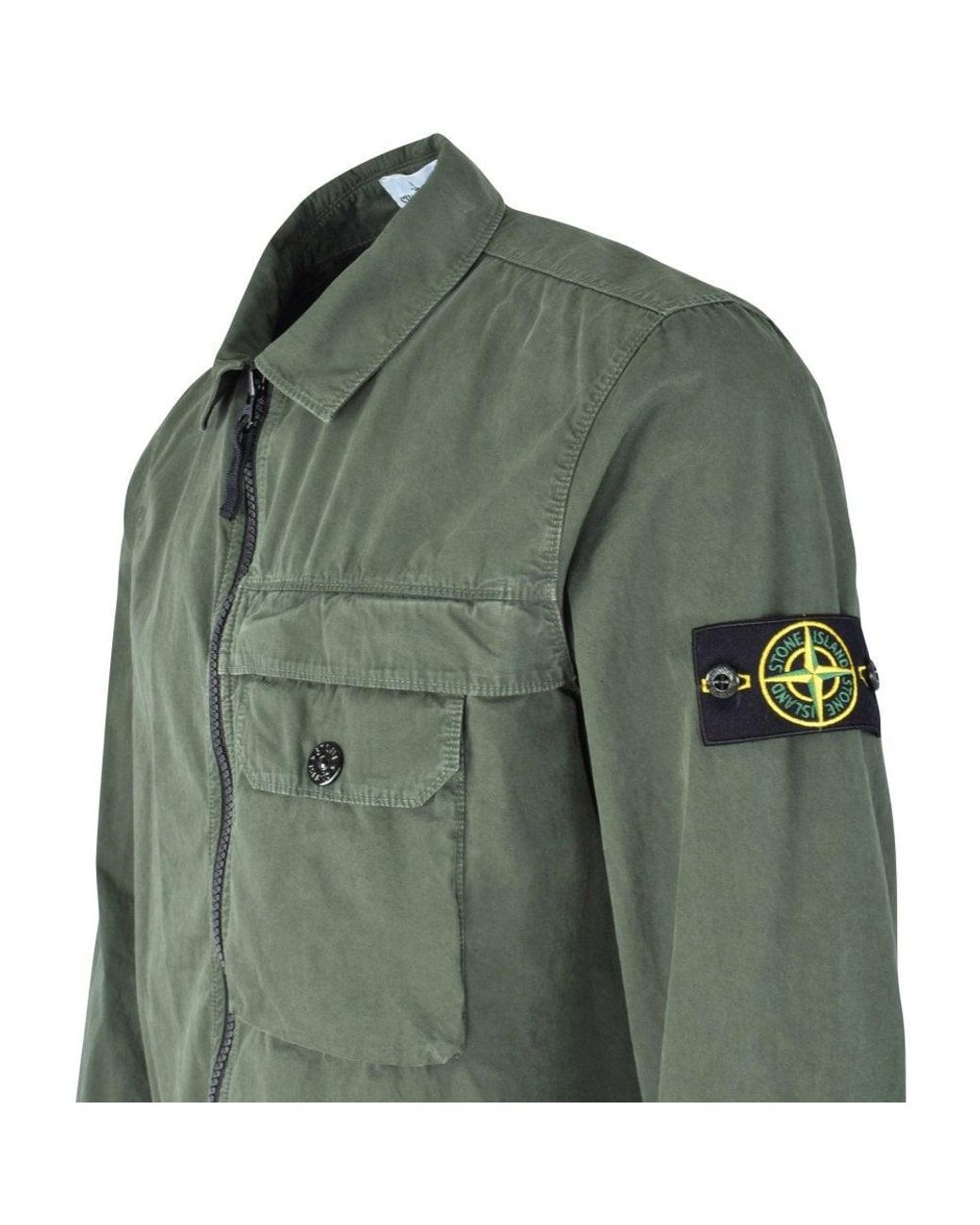 Stone Island Olive Zip Garment Dyed Overshirt in Green for Men | Lyst